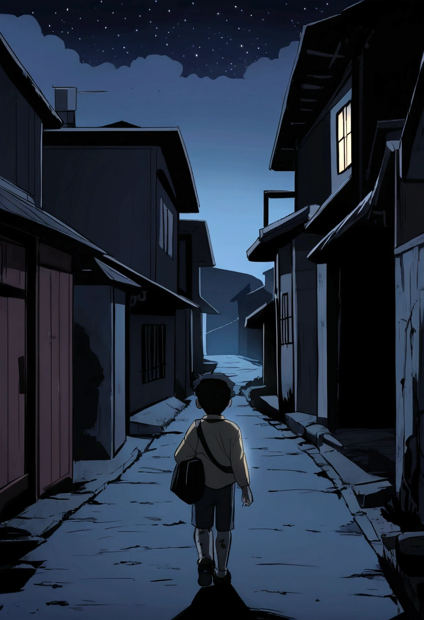 A 5-year-old boy walking down a dark, deserted street, dangerous situation, lost boy talking to a strange man, man with scary smile, holding a black bag, boy far from home, lost on the way, dim light, dirty street, dark sky, Sky without stars, anime style draw