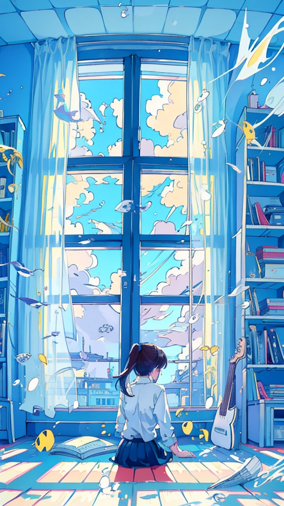 (1 girl), 20-year-old, Detailed details, ponytail, white shirt, In front of a large window, (stand facing the window), play the guitar, Rear view, in the room, hardwood floor, bookshelf, white and yellow flowers, big clouds outside the window, Portrait,blue sky