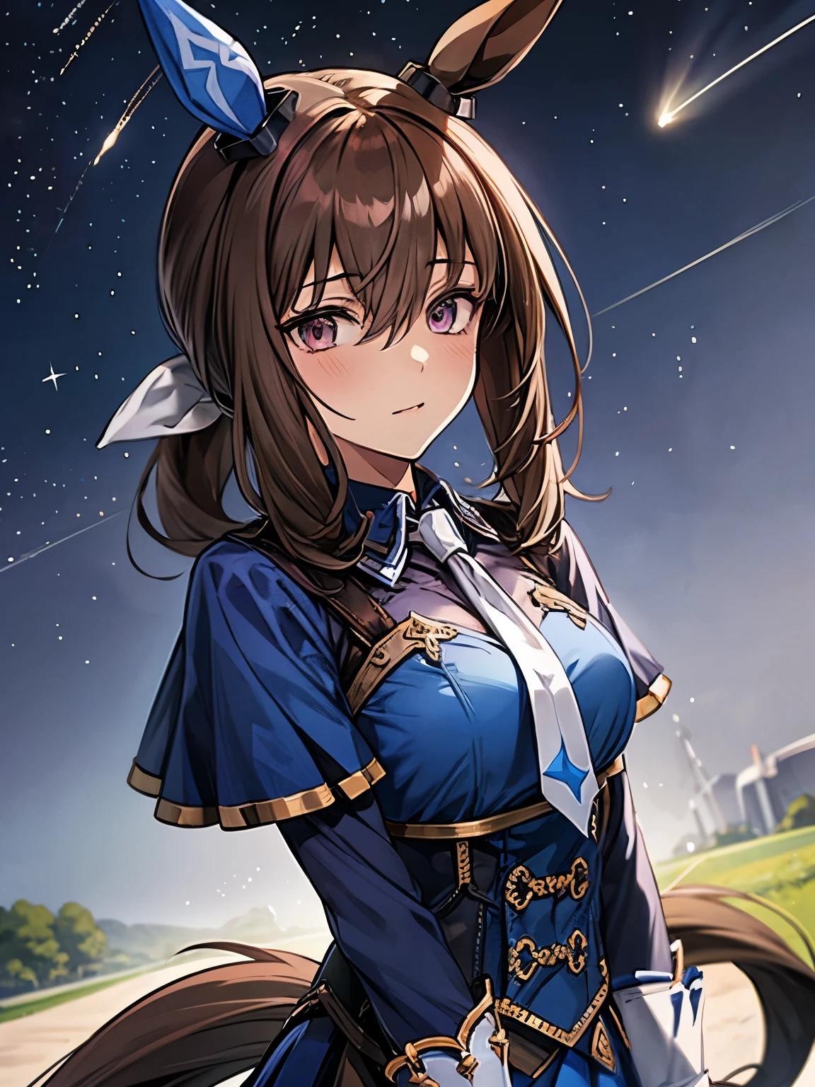 admire vega \(umamusume\) 1 girl, Solo, Best Quality, masterpiece, 8K, High resolution, portrait, looking at viewer, stary sky, milky way, shobufuku, purple eyes, bangs, hair between eyes, ponytail,brown hair, long hair, horse ears, horse girl, horse tail, ear covers, black sleeves, gem, jewelry, blue skirt, necktie,