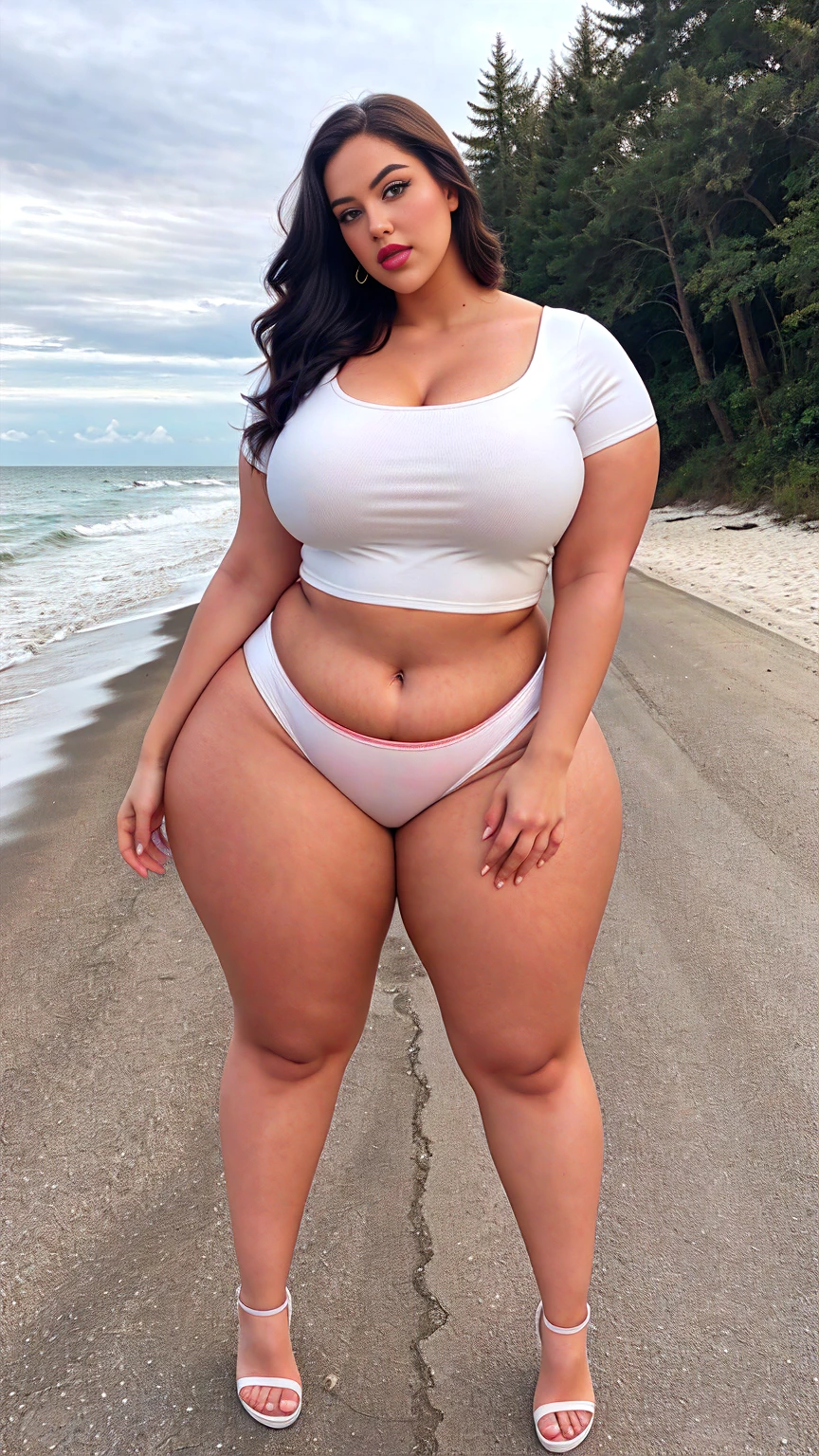 there is a Indian gorgeous American curvy plus size model Natalia Lozano in a red velvet shorts and white velvet cropped top and red lipstick standing in the roadside of a sea beach , angelawhite, alluring plus sized model, bbwchan, bbw, thicc, curvy model, full body, malika favre, a full body image of a plump woman, thick thighs, bigger hips, bigger waist, busty, beautiful thick female, close up full body shot, sexy girl, 30 years old, curvy, full body shot,