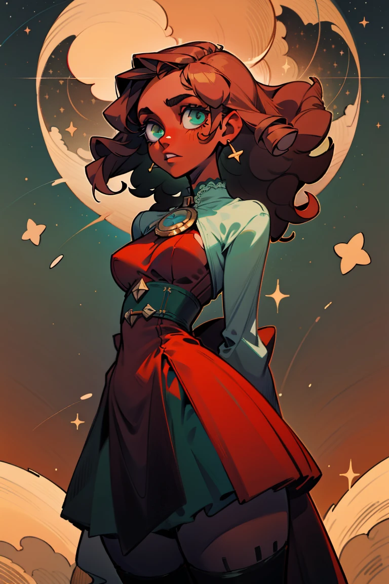 masterpiece, absurdres, 1girl, cowboyshot, tachi-e, mature woman, best aesthetics, medium breasts, wide hips, thick thighs, dark brown hair, curly hair, textured hair, hip-length hair, narrow eyes, dark skin, ankle-length dress, arched nose, soft shading, very detailed face, clean lines, dynamic pose, anatomically correct, hyperdetailed, beautiful lighting, dark atmosphere, dark eyeshadow, good makeup, detailed hair, green eyes, sparkling eyes, telescope, magic, fantasy, medieval, high fantasy, black stockings, comfy, cozy, tareme, medium chest, SFW, long dress, arms behind back, outdoors, constellations in sky, stargazing, african hair