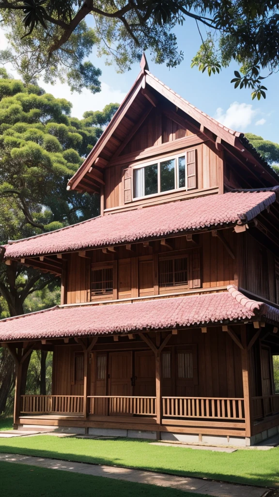 Wooden house made of pink oitao wood with grass and açaí trees