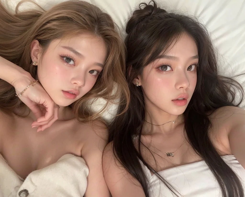 A White girl with pink long hair and another girl with black hair. They're naked on a bed