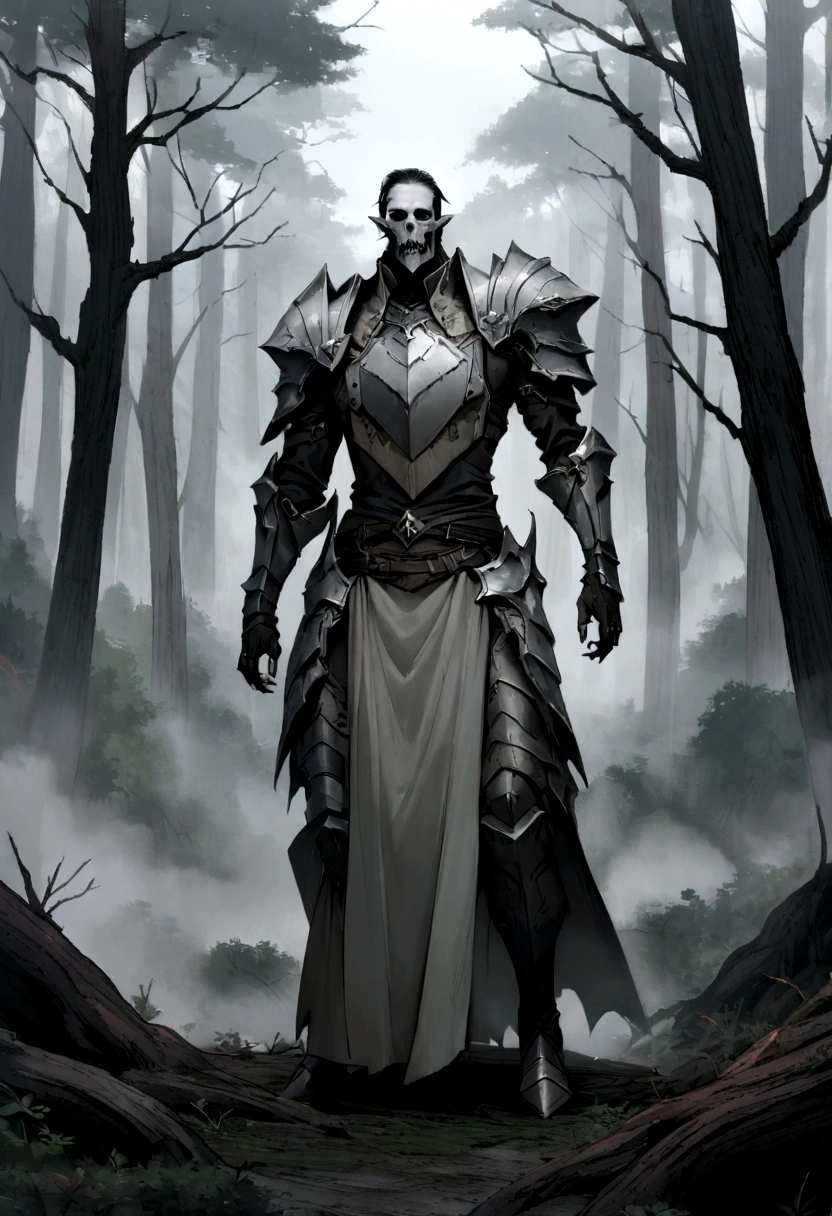 An undead paladin with a split jaw and empty eye sockets, gloomy atmosphere, rot, forest, fog, full body

