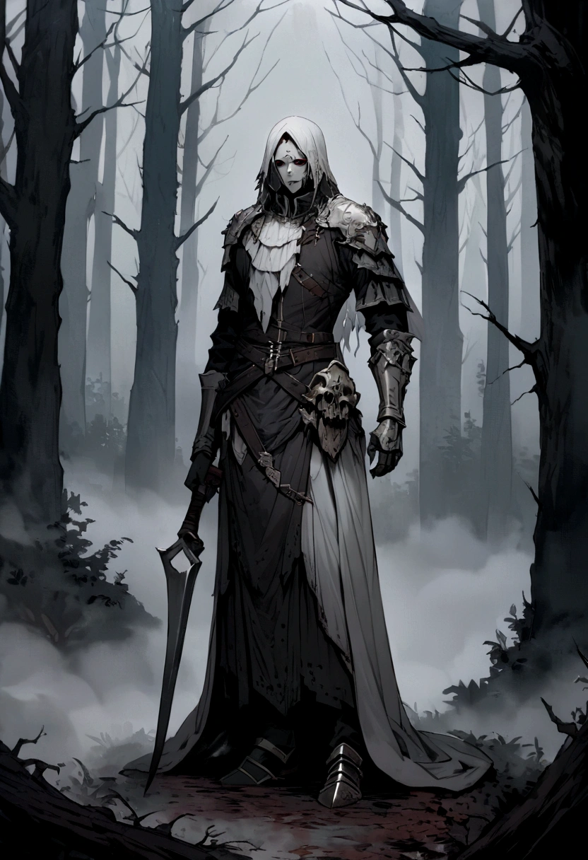 An undead paladin with a split jaw and empty eye sockets, gloomy atmosphere, rot, forest, fog, full body