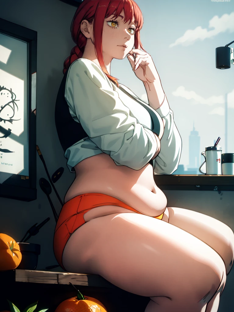 Le personnage Makima de la série animée Chainsaw Man, fragile, obésité morbide, ssbbw, pleine longueur (corps entier 1.1.), fond sombre, obscurité, anatomie correcte 1.1, anatomie correcte de la main, Très féminin, corps gras et rond, grosses Jambes, fesses, beau corps obèse, ventre rond et mou très gras, cheveux roux, Yeux oranges, Cercles rouges pour les écoliers, chemise blanche, jupe noire, cravate noire, pose sexy, réaliste, very détaillé, beau corps, détaillé body, détaillé hands, détaillé, vibrant, détaillé Face, Conception des personnages de Makima. very détaillé, détaillé body, détaillé hands, détaillé Face, Art animé, Hugh Détails, Visage très abattu, détaillé eyes, Illustration ultra fine, Meilleure ombre, détail fin, beautiful détaillé glow, beautiful détaillé, Extraordinairement beau, extremely détaillé, inexpressif, composition épique, Style animé. art animé, Style animé. Jupe noire, chemise blanche, cravatte, pose sexy