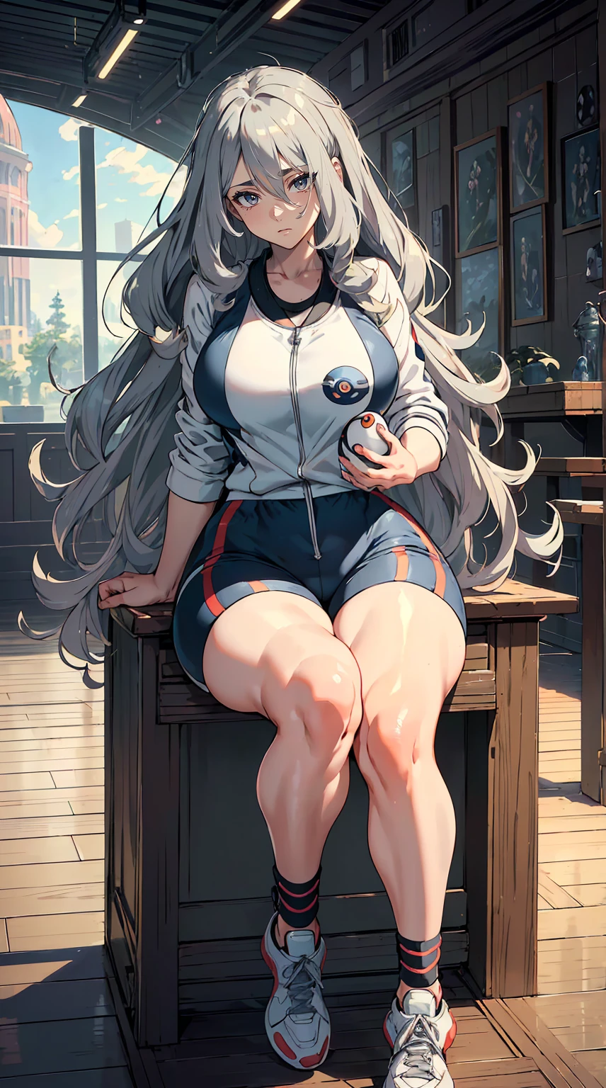 handsome mature woman，Long wavy gray hair，ultra high resolution，accuracy，detailed rendering，（Subtle facial images）（Image of fine hair）（top quality）（masterpieces of masters）（High degree of completeness）（Atmospheric feeling）masterpiece，Very detailed and very detailed.（half body portrait）((masterpiece, best quality)), detailed face, Character Design Sheet, Telegraph slang, full of details, Multiple Poses and Expression, very detailed, depth, many parts，beautiful，매우 beautiful，high balance, natural light, drawn art style, gray hair, Curly hair down to ankles, ankle-length hair, (((ankle-length hair))) (((thick hair))) (((Pokemon Trainer)))(((Pokemon Gym Leader))))(((Gym suit)))(((sporty outfit))), small breasts