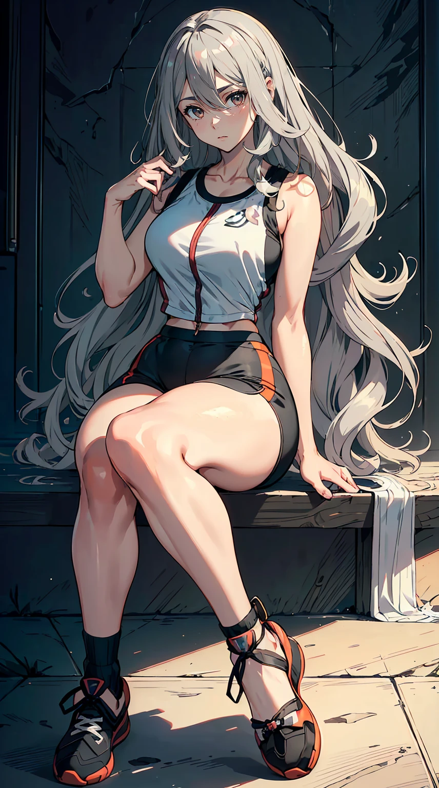 handsome mature woman, 1 person, Long wavy gray hair,ultra high resolution,accuracy,detailed rendering,(Subtle facial images)(Image of fine hair)(top quality)(masterpieces of masters)(High degree of completeness)(Atmospheric feeling)masterpiece,Very detailed and very detailed.(half body portrait)((masterpiece, best quality)), detailed face, Character Design Sheet, Telegraph slang, full of details, Multiple Poses and Expression, very detailed, depth, many parts,beautiful,매우 beautiful,high balance, natural light, drawn art style, gray hair, Curly hair down to ankles, ankle-length hair, (((ankle-length hair))) (((thick hair))) (((Pokemon Trainer)))(((Pokemon Gym Leader))))(((Gym suit)))(((sporty outfit)))