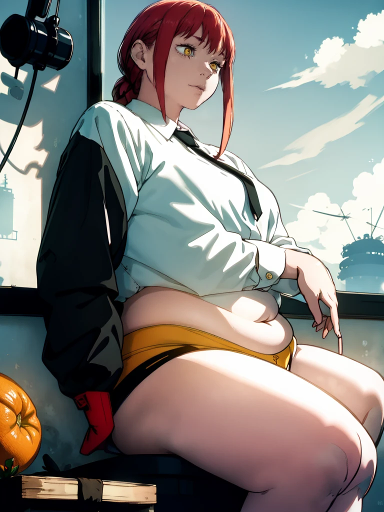 Le personnage Makima de la série animée Chainsaw Man, fragile, obésité morbide, ssbbw, pleine longueur (corps entier 1.1.), fond sombre, obscurité, anatomie correcte 1.1, anatomie correcte de la main, Très féminin, corps gras et rond, grosses Jambes, fesses, beau corps obèse, ventre rond et mou très gras, cheveux roux, Yeux oranges, Cercles rouges pour les écoliers, chemise blanche, jupe noire, cravate noire, pose sexy, réaliste, very détaillé, beau corps, détaillé body, détaillé hands, détaillé, vibrant, détaillé Face, Conception des personnages de Makima. very détaillé, détaillé body, détaillé hands, détaillé Face, Art animé, Hugh Détails, Visage très abattu, détaillé eyes, Illustration ultra fine, Meilleure ombre, détail fin, beautiful détaillé glow, beautiful détaillé, Extraordinairement beau, extremely détaillé, inexpressif, composition épique, Style animé. art animé, Style animé. Jupe noire, chemise blanche, cravatte, pose sexy