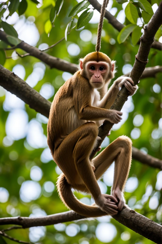 Cute light brown monkey hanging on a branch