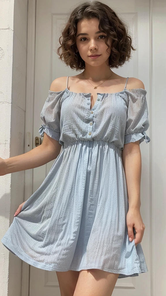 A girl with a nice dress with short curly hair