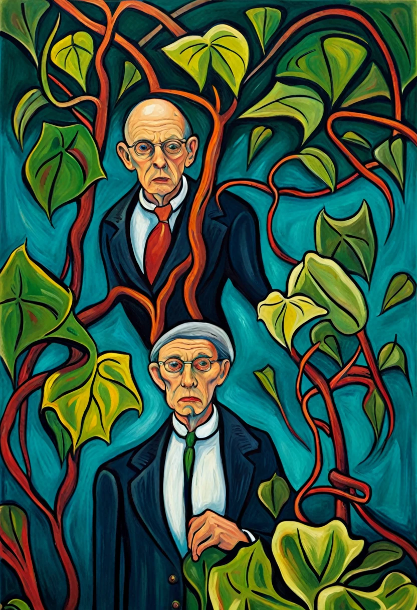 A zombie entangled in ivy ((Edvard-Munch style)), ((oil painting)), Bright color, ((tmasterpiece)), Impression, Extreme Detail, perspective, 8K