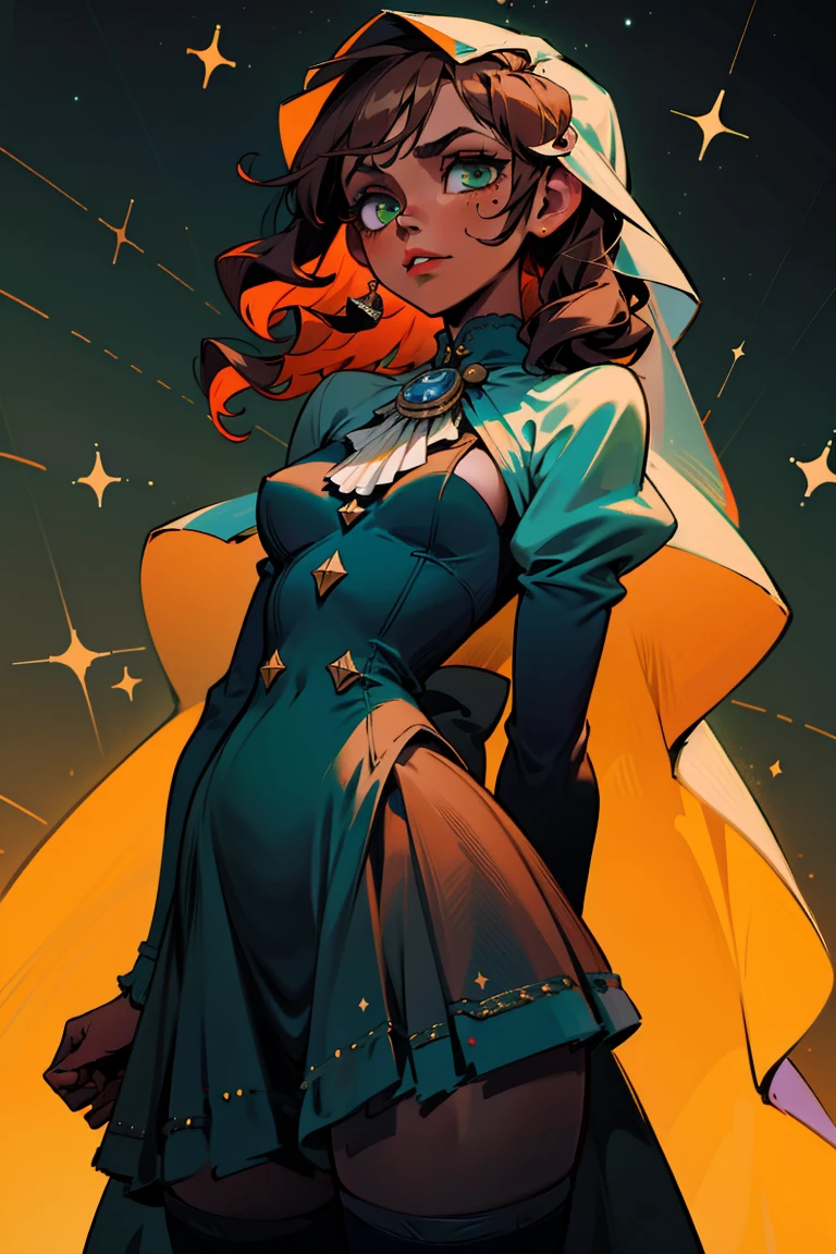 masterpiece, absurdres, 1girl, cowboyshot, tachi-e, mature woman, best aesthetics, medium breasts, wide hips, thick thighs, dark brown hair, curly hair, textured hair, hip-length hair, narrow eyes, dark skin, ankle-length dress, arched nose, soft shading, very detailed face, clean lines, dynamic pose, anatomically correct, hyperdetailed, beautiful lighting, dark atmosphere, dark eyeshadow, good makeup, detailed hair, green eyes, sparkling eyes, telescope, magic, fantasy, medieval, high fantasy, black stockings, comfy, cozy, tareme, medium chest, SFW, long dress, arms behind back, outdoors, constellations in sky, stargazing, hair veil