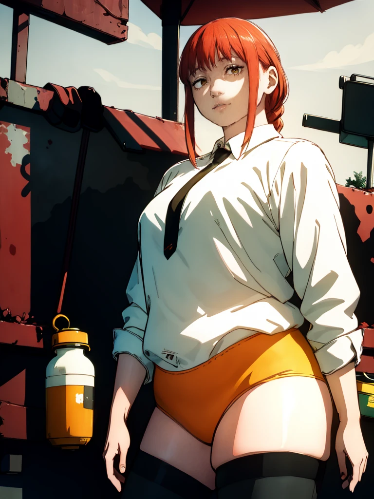 Le personnage Makima de la série animée Chainsaw Man, fragile, obésité morbide, ssbbw, pleine longueur (corps entier 1.1.), fond sombre, obscurité, anatomie correcte 1.1, anatomie correcte de la main, Très féminin, corps gras et rond, grosses Jambes, fesses, beau corps obèse, ventre rond et mou très gras, cheveux roux, Yeux oranges, Cercles rouges pour les écoliers, chemise blanche, jupe noire, cravate noire, pose sexy, réaliste, very détaillé, beau corps, détaillé body, détaillé hands, détaillé, vibrant, détaillé Face, Conception des personnages de Makima. very détaillé, détaillé body, détaillé hands, détaillé Face, Art animé, Hugh Détails, Visage très abattu, détaillé eyes, Illustration ultra fine, Meilleure ombre, détail fin, beautiful détaillé glow, beautiful détaillé, Extraordinairement beau, extremely détaillé, inexpressif, composition épique, Style animé. art animé, Style animé. Jupe noire, chemise blanche, cravatte, pose sexy