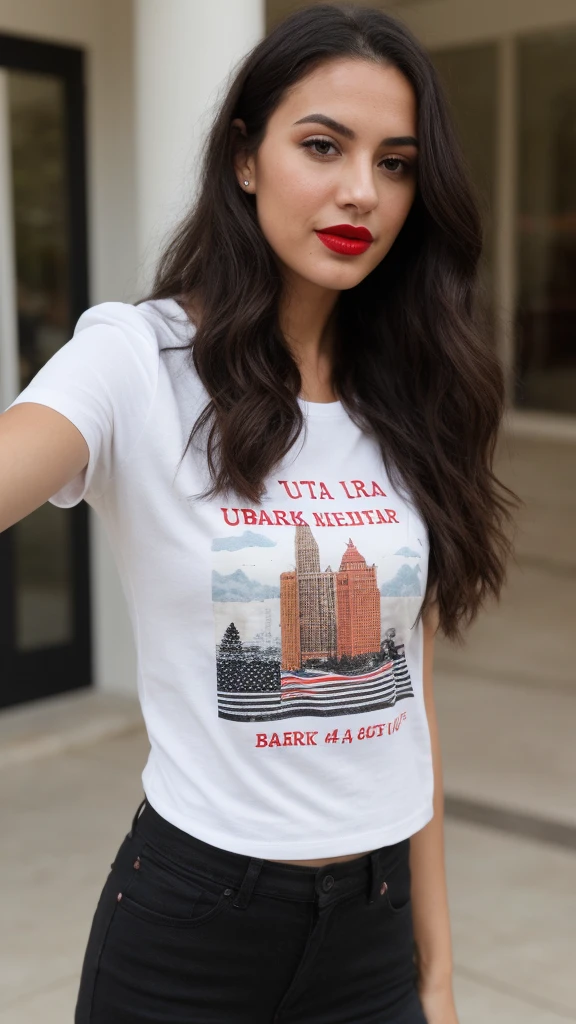 Selfie of a woman, 4th of July T-Shirt, long dark brown hair, black eyes, red lipstick, ultra realistic