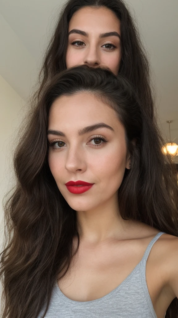 Selfie of a woman, 4th of July T-Shirt, long dark brown hair, black eyes, red lipstick, ultra realistic