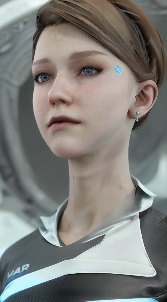 masterpiece, Highest quality, Ultra-high resolution, Realistic, Kara Detroit Short Hair,Brown Hair,Long eyelashes, Part your lips, Earrings, Very luxurious, Fine, shiny skin, whole body,
sf,Girls&#39; Frontline,Near future,Space Travel,Deer horn,
1 female, Flat Chest,white color blue stripe futuristic suit, White Dress,Mechanic Punk Costume,Translucent Tech Bodysuit, Research Room,
