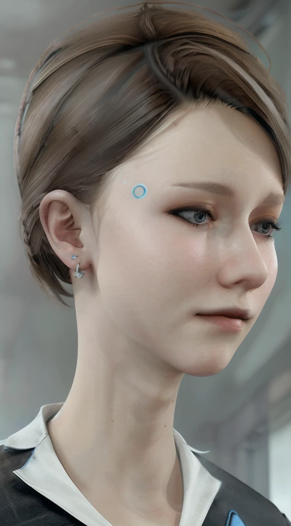 masterpiece, Highest quality, Ultra-high resolution, Realistic, Kara Detroit Short Hair,Brown Hair,Long eyelashes, Part your lips, Earrings, Very luxurious, Fine, shiny skin, whole body,
sf,Girls&#39; Frontline,Near future,Space Travel,Deer horn,
1 female, Flat Chest,white color blue stripe futuristic suit, White Dress,Mechanic Punk Costume,Translucent Tech Bodysuit, Research Room,
