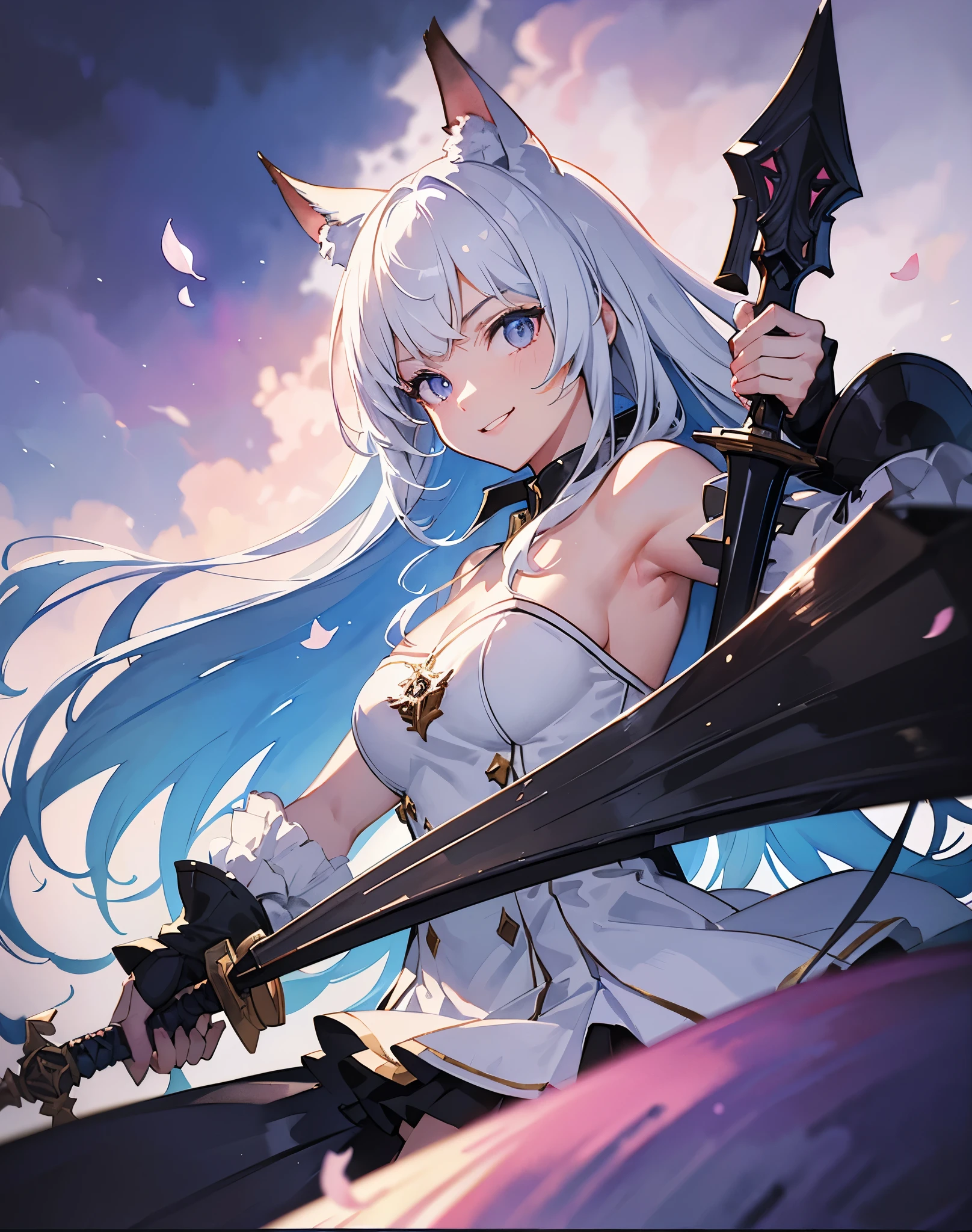 masterpiece, best quality, 1girl, (colorful),(finely detailed beautiful eyes and detailed face),bust shot,extremely detailed CG unity 8k wallpaper,white hair,solo,smile, cool skirt,((flying petal)),night sky, cloudy_sky, building, moonlight, night, (dark theme:1.3), ambient light,fantasy, high contrast hdr, ink strokes, purple and pink tone impression , ((watercolor painting by John Berkey and Jeremy Mann )) brush strokes, negative space,black pantyhose, ((giant sword, 2 meters long)), studio ufotable style, demon slayer, white hair, ((neko ears)), aesthetic scenery, best Anime of the year, cool eyes, sexy sword in one hand pose, ready to attack