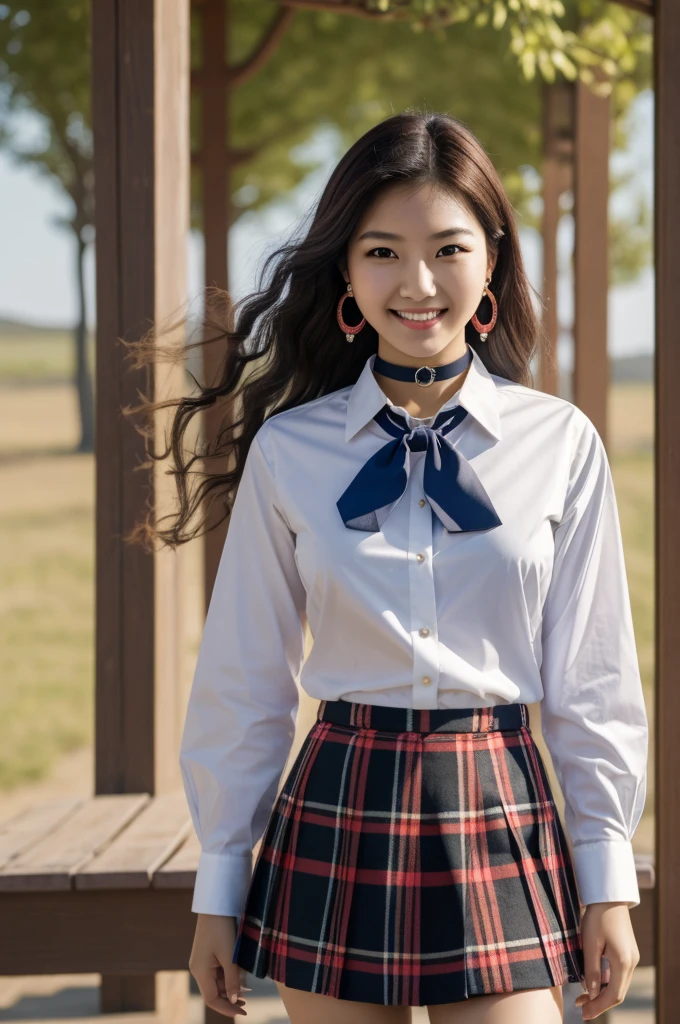 Masterpiece, Best Quality, high resolution, marina kitagawa, 1 girl, by rubio, wide, multicolor fur, Red eyes, jewelry, earrings, drilling, , White shirt, tied shirt, black choker, blue tie, plaid skirt, SMILE, SMILE, standing, cowboy shot, outdoor,