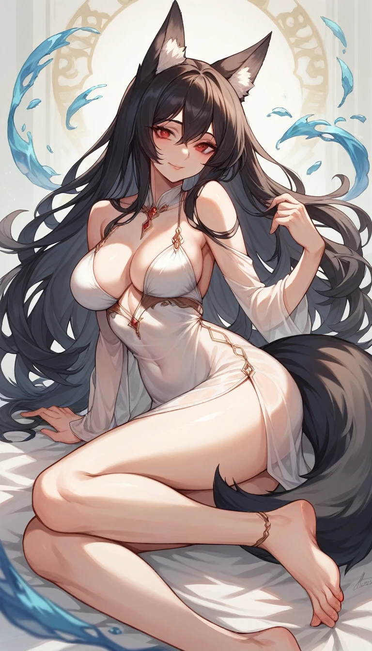 high detail, super detail, super high resolution, high quality. Extremely sexy and beautiful girl, with a beautiful face, wide and beautiful lips, lascivious smile, White skin, red eyes curvy body, beautiful feet and thighs, long black hair, black fox ears and fox tail, short dress, transparent dress, shows a lot of skin, It's low-cut. sitting, showing legs, crossed legs, showing feet. He wears a shackle and chains around his neck., on the hands and ankles. barefoot, feet on camera, big breasts, correct pie anatomy, foot anatomy, sexy pie, pies, Detailed feet, correct pie anatomy, detailed thighs, detailed curves, detailed breasts and body. very wet, wet clothes, clothing fabric marking your body more.
