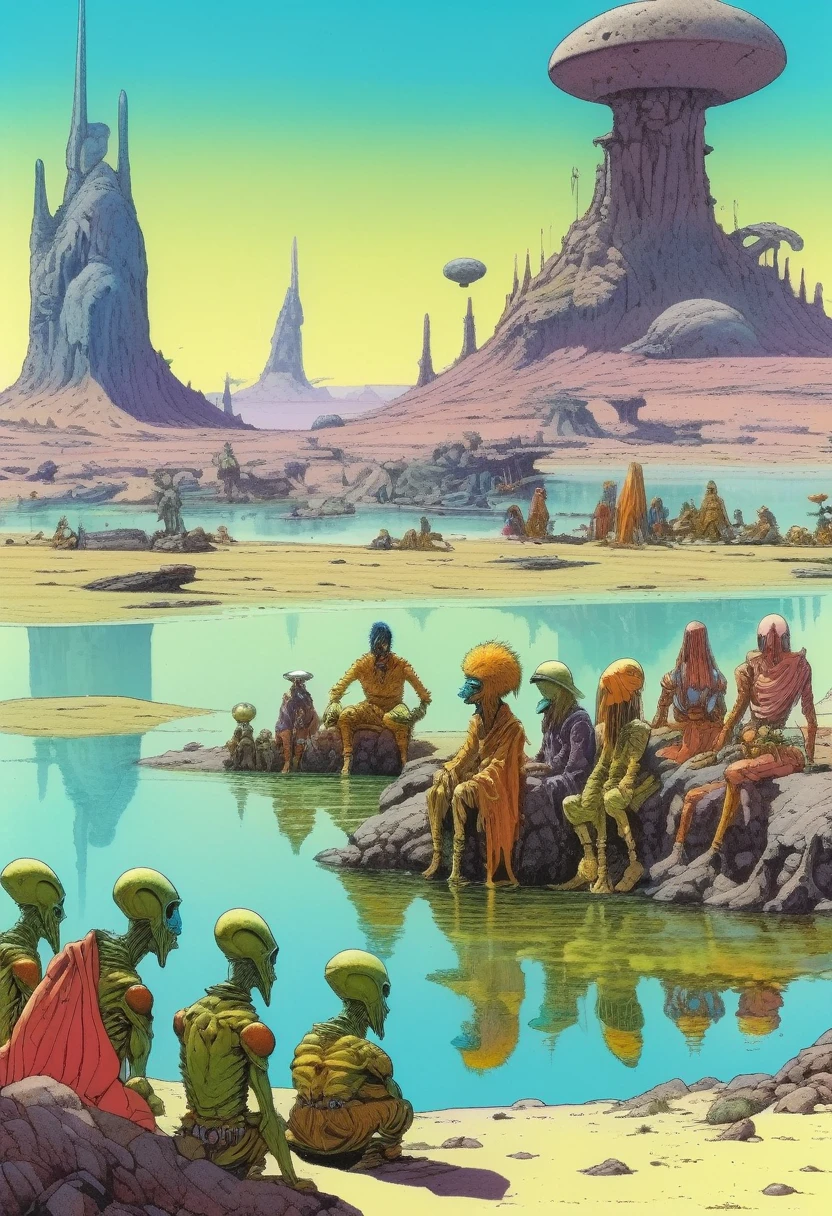 Mobis (Jean Giraud) Style - A picture by Jean Giraud Mobis, The picture shows a large group of alien shamans resting by the water., western backdrop in Mobis' signature style with sharp detailing and vibrant colors. Shot with Panavision Panaflex Gold II and Ultra Panavision 70 lenses, The image is full of film grain and low-key lighting,It creates a mysterious and tense atmosphere.