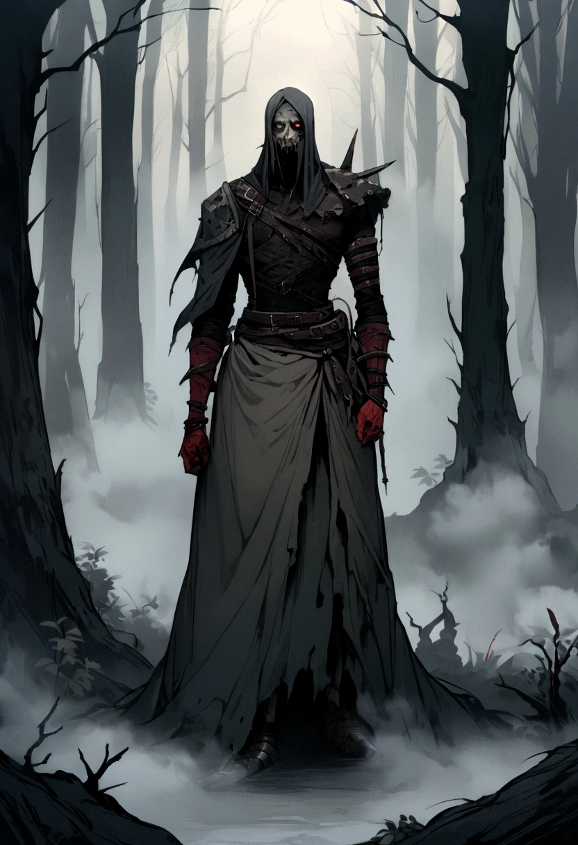 An undead warrior with a split jaw and empty eye sockets, gloomy atmosphere, rot, forest, fog, full body, evil