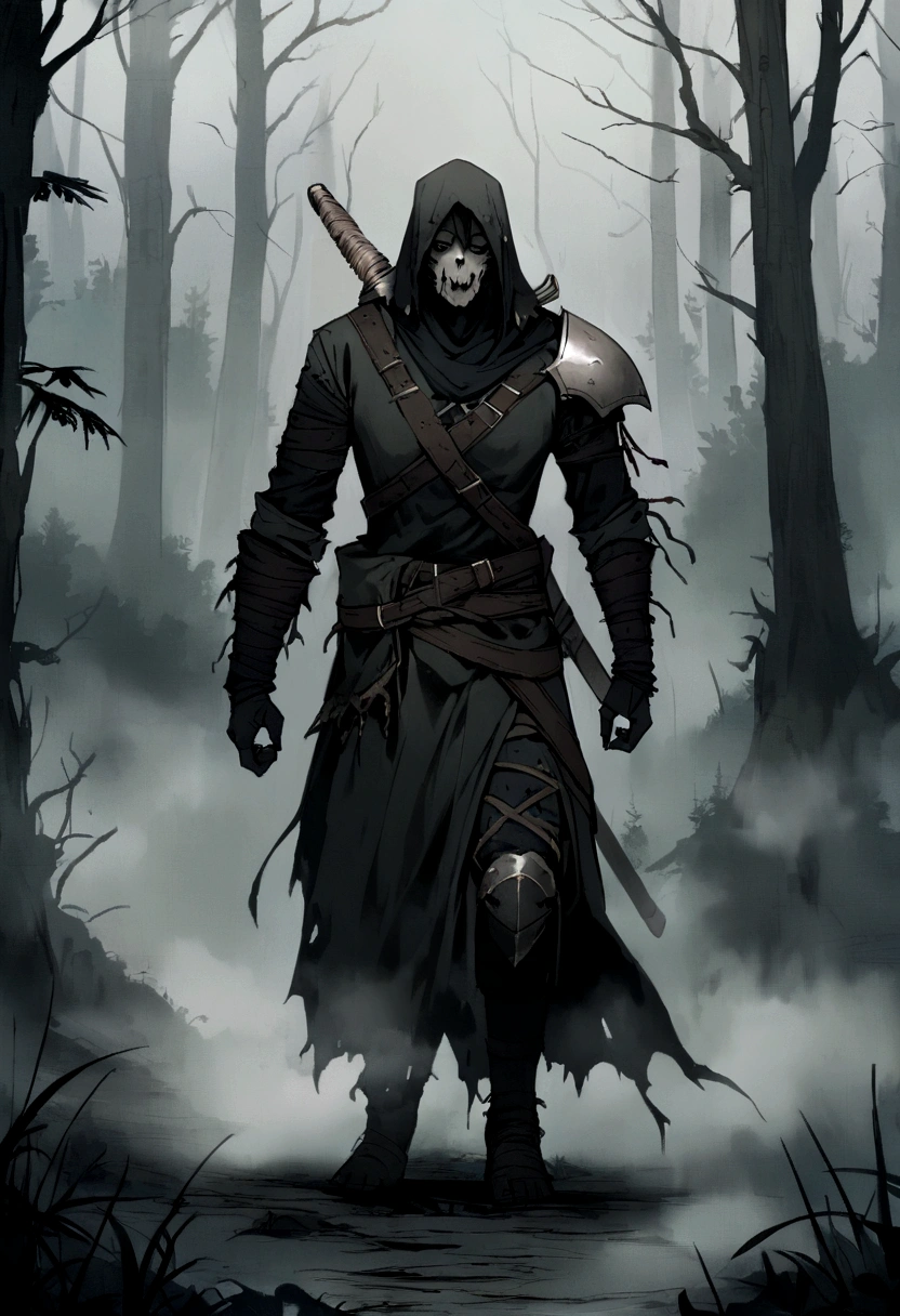 An undead warrior with a split jaw and empty eye sockets, gloomy atmosphere, rot, forest, fog, full body, evil