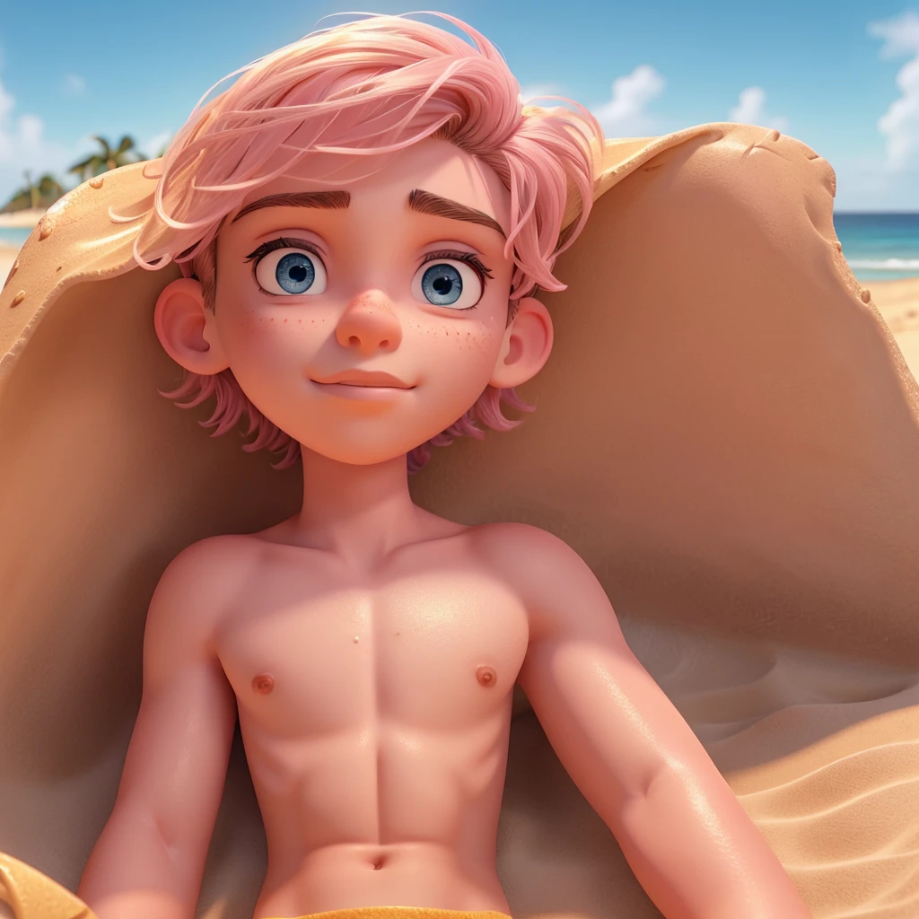 18 year old boy about lying on sand in pink swimsuit, hyperrealistic, beautiful detailed eyes, beautiful detailed lips, extremely detailed eyes and face, long eyelashes, muscular body, beach, blue ocean, sunny day, time lighting golden, realistic skin texture, detailed facial features, high quality photography