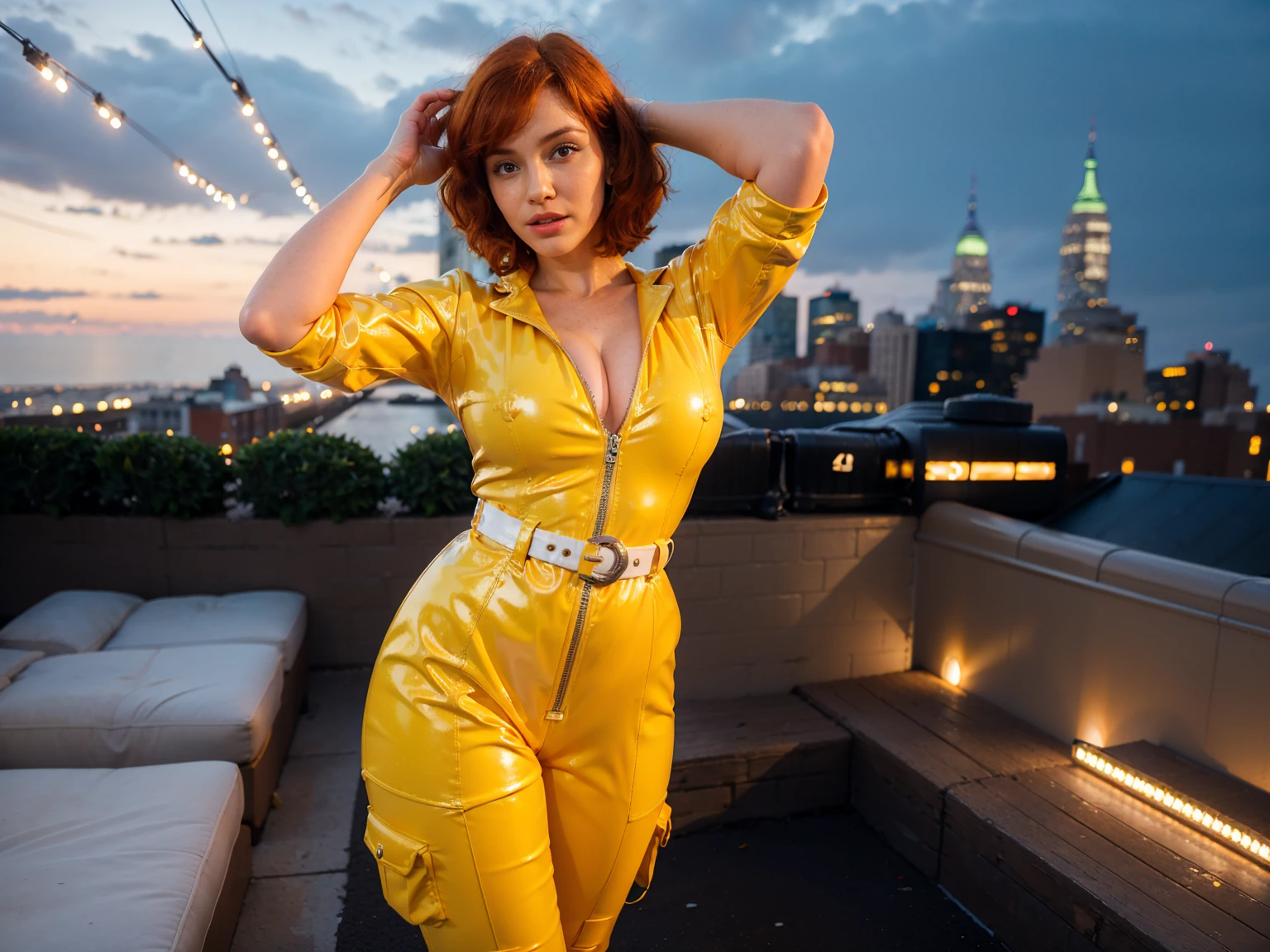 (masterpiece), (best quality), (solo character), (large breasts), (photorealistic:1.4), (chr1sh3n wearing white belt), (apriloneil costume, jumpsuit), (yellow latex jumpsuit), (apriloneil hairstyle), (apriloneil white belt), (apriloneil boots), (aprilonei wearing watch), (epiCRealLife), (lora:epiCFlashPhoto), (red hair), (red lipstick), (brown eyes), (young woman), (flashphoto), (at night), (new york city view), (garden rooftop), (outdoor),(standing), (different poses), (look at viewers), close up)