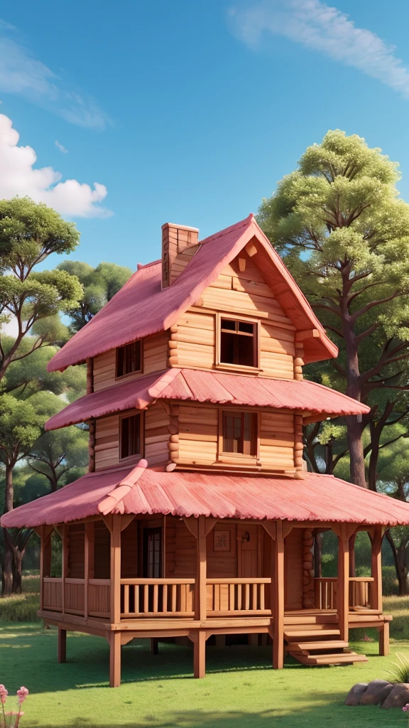 Wooden house made of pink oitao wood with grass and açaí trees 