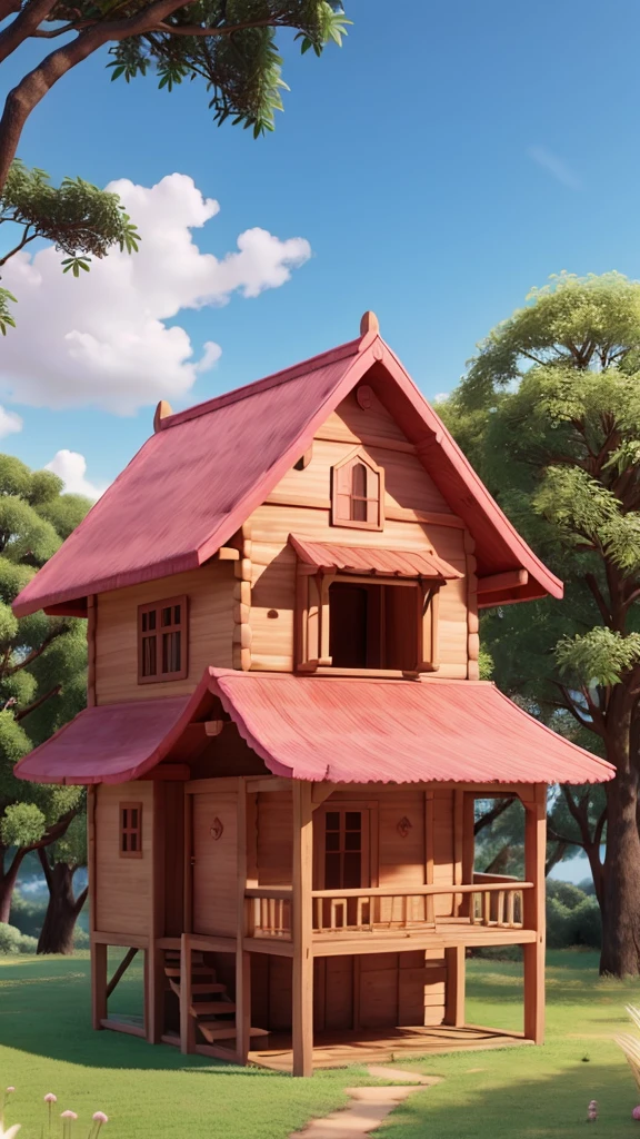 Wooden house made of pink oitao wood with grass and açaí trees 