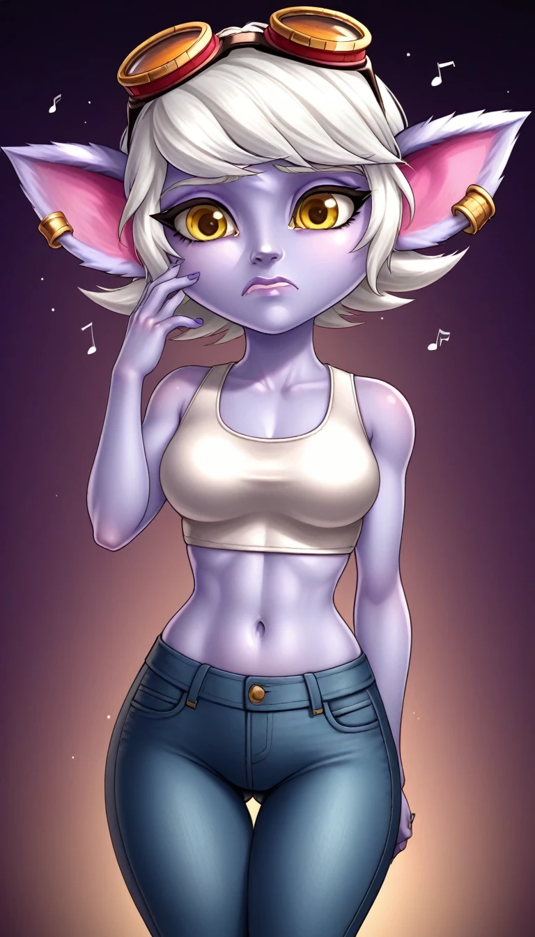 TristanaLoLXL, yordle, yellow eyes, pointy ears, by white, short hair, earrings, glasses on head, purple skin, colored skin. medium breasts, White crop top, belly button, tight jeans pants, singing, Concerned, sad, about to cry