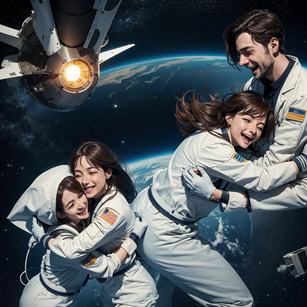 Scientists in lab happy as they found the cure of their spacecraft they are happy and jumping hugging each other