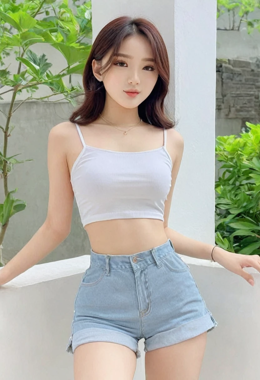 ((high quality:1.2)), (8k), extremely detailed, ((High detail:1.2)), ((best resolution:1.4)), Solo, 24 years old Korean Ulzzang female, ((cropped, mini-shorts)), BREAK, (((perfect hourglass skinny body))), (((square and defined face of an extremely perfect and beautiful model))), 