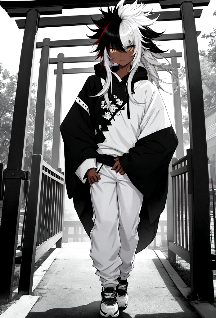 white  shirt, wearing a black sweatshirt with silver details , white tennis shoes with black details, black jeans, yellow and black eyes heterochromia, light smile expression, Messy hair , Medium length hair , 1 men , multicolored black and white hair ( focus on hair containing only two colors black and white) , two tone hair , dark skin color(focus on dark skin 1.1), in a western setting , with a torii (Japanese traditional gate in front,