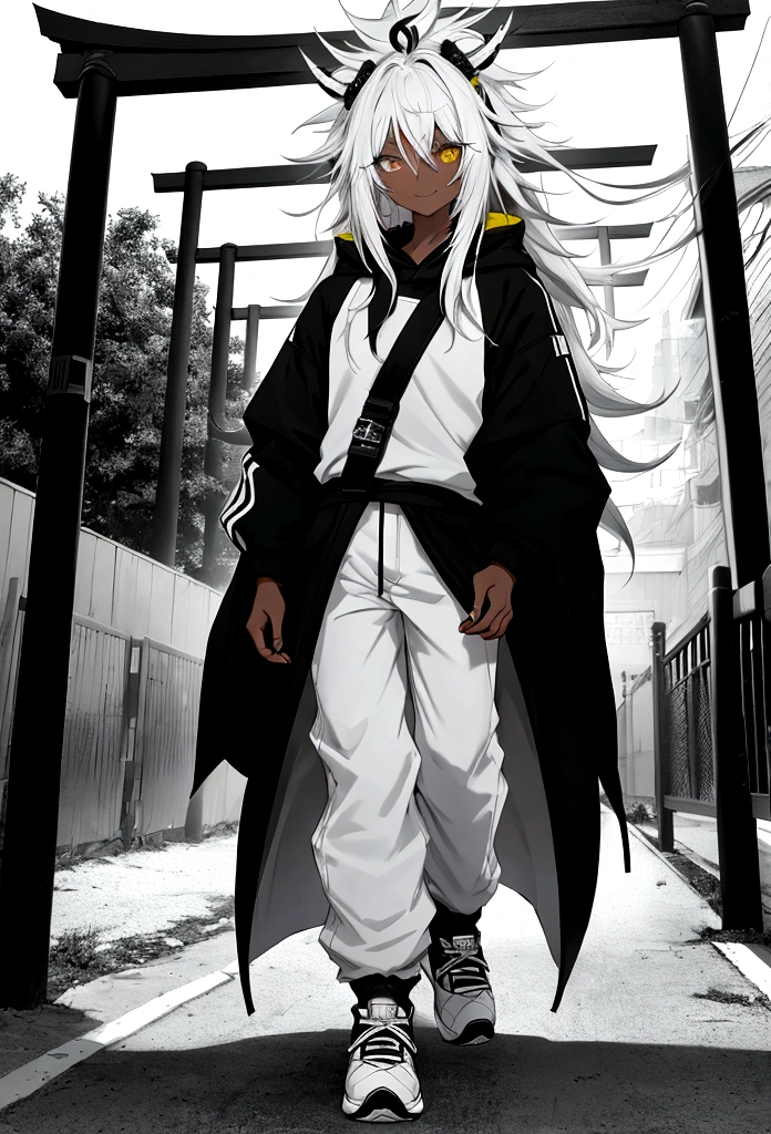 white shirt, wearing a black sweatshirt with silver details , white tennis shoes with black details, black jeans, yellow and black eyes heterochromia, light smile expression, Messy hair , Medium length hair , 1 men , multicolored black and white hair ( focus on hair containing only two colors black and white) , two tone hair , dark skin color(focus on dark skin 1.1), in a western setting , with a torii (Japanese traditional gate in front,