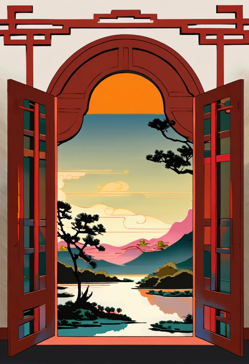 A painting depicting a person walking, There are very delicate Chinese classical doors and plants, Mysterious background, Layered sky, Red and black, Backlight, Traditional Chinese landscape style, New Tradition, Oriental style, James Turrell, The plant is Nagai's, Fan Kuan's style, The terrifying reality, And cunning. I can't believe how beautiful this is. Symmetrical composition, Massive, excellent use of negative space, Upward, One-point perspective, Realistic ultra-details, 8K, HD