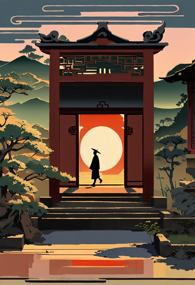 A painting depicting a person walking, There are very delicate Chinese classical doors and plants, Mysterious background, Layered sky, Red and black, Backlight, Traditional Chinese landscape style, New Tradition, Oriental style, James Turrell, The plant is Nagai's, Fan Kuan's style, The terrifying reality, And cunning. I can't believe how beautiful this is. Symmetrical composition, Massive, excellent use of negative space, Upward, One-point perspective, Realistic ultra-details, 8K, HD