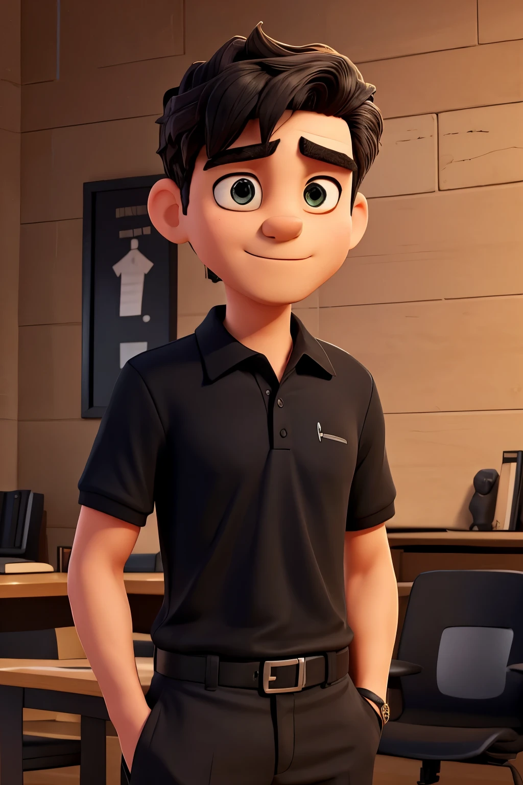 He is wearing a black polo shirt. That blouse, the sentence must be written "It makes sense". The man is pointing with both hands to the phrase on his chest, highlighting the words "It makes sense".