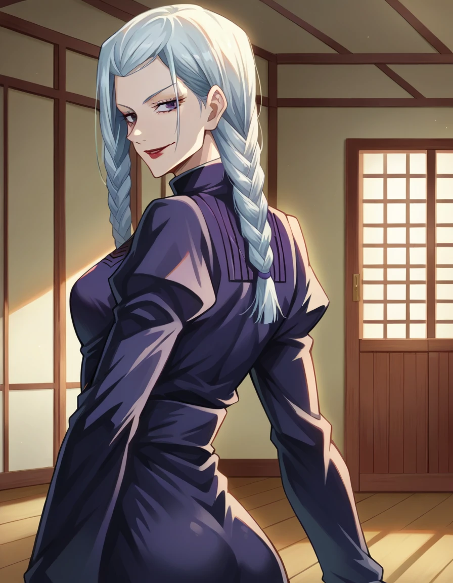 score_9, score_8_up, score_7_up, source_anime,
Meimei, Mei Mei, white braided hair, purple eyes, red lips,
Black tight dress, jujutsu kaisen uniform,
indoors, dojo,
solo, naughty smile, looking at viewer, standing in seductive pose
