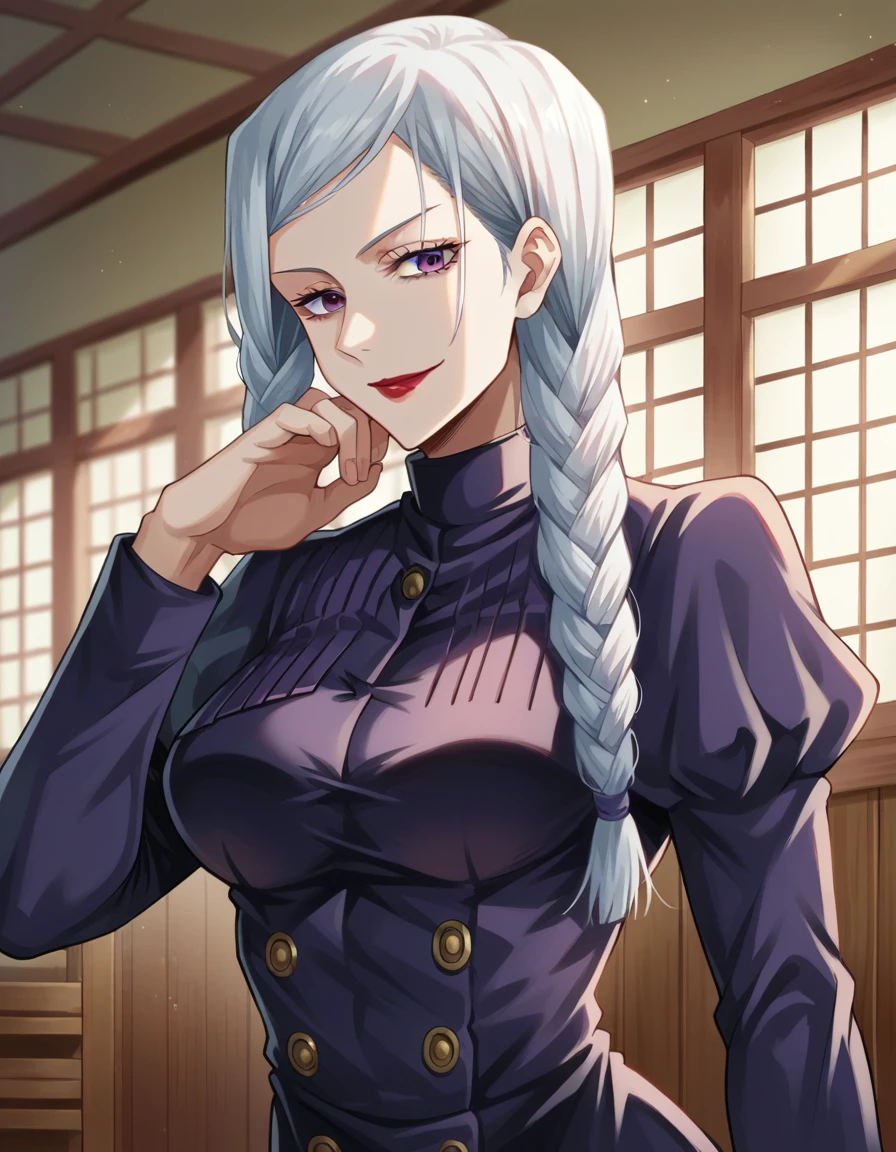 score_9, score_8_up, score_7_up, source_anime,
Meimei, Mei Mei, white braided hair, purple eyes, red lips,
Black tight dress, jujutsu kaisen uniform,
indoors, dojo,
solo, naughty smile, looking at viewer, standing in seductive pose