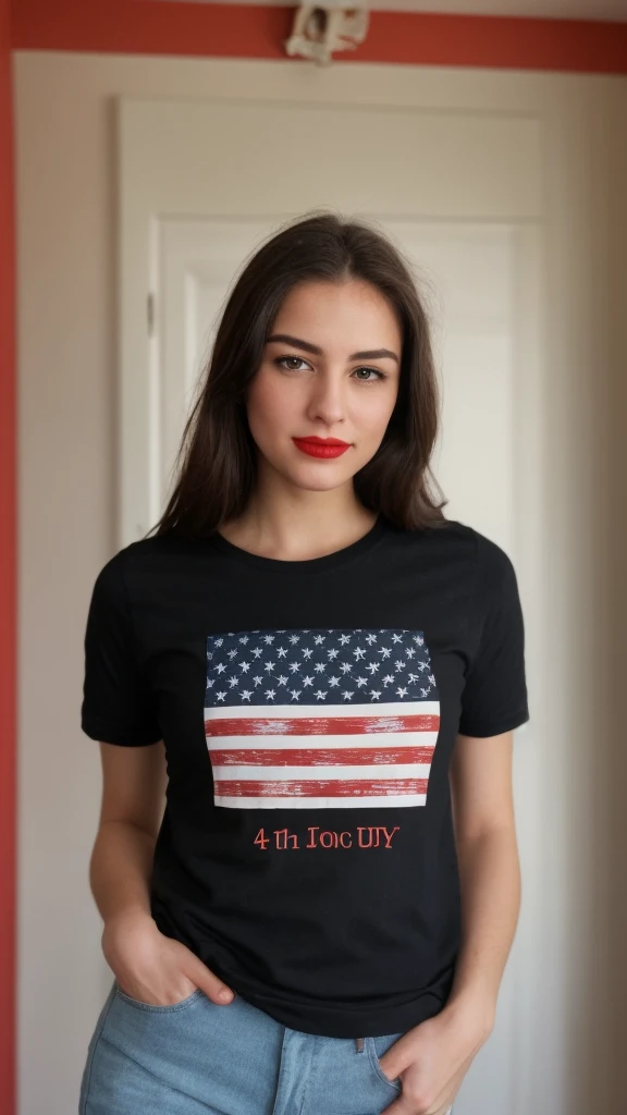 Selfie of a woman, 4th of July T-Shirt, long dark brown hair, black eyes, red lipstick, ultra realistic
