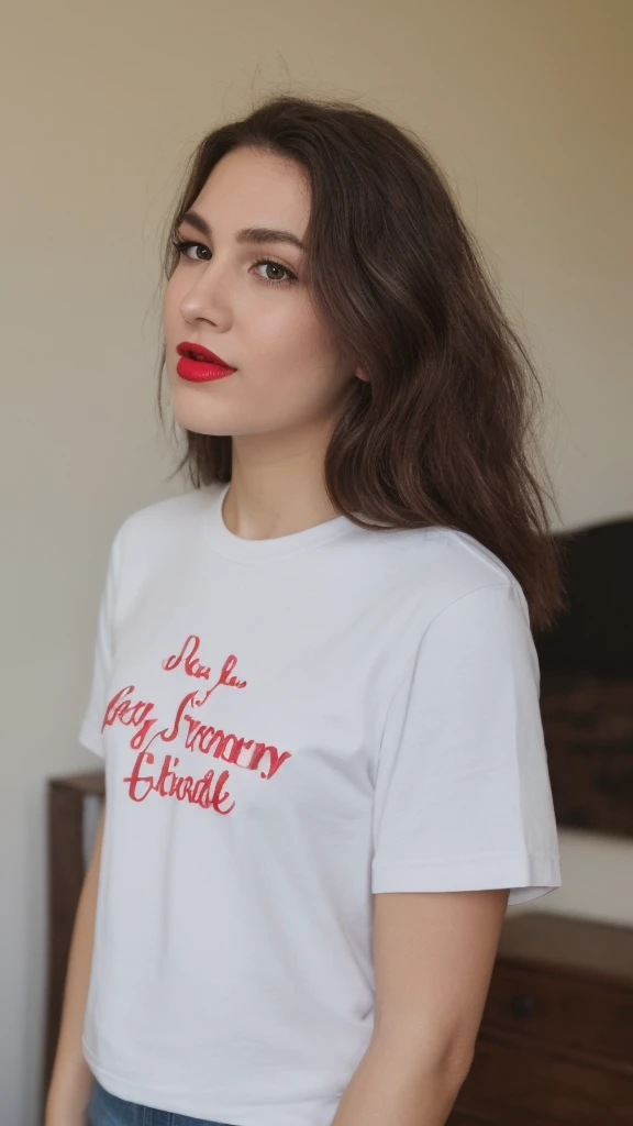 Selfie of a woman, 4th of July T-Shirt, long dark brown hair, black eyes, red lipstick, ultra realistic