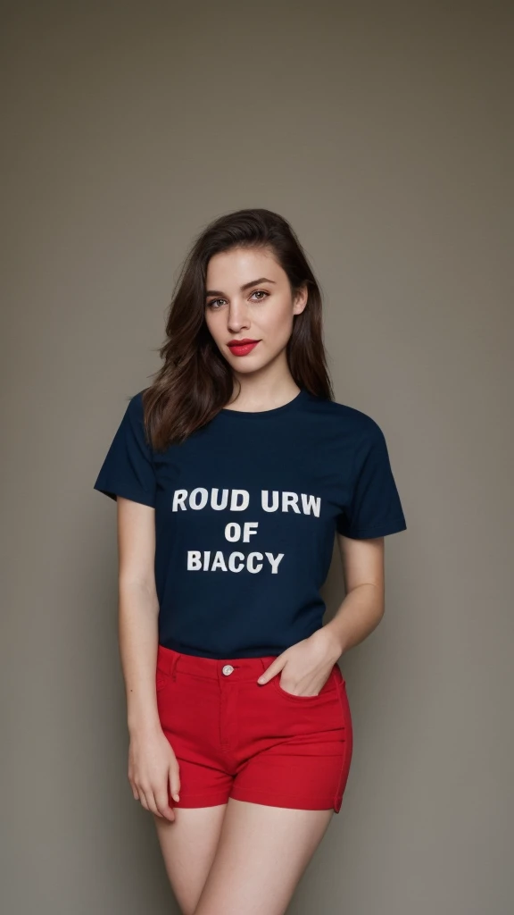 Selfie of a woman, 4th of July T-Shirt, long dark brown hair, black eyes, red lipstick, ultra realistic