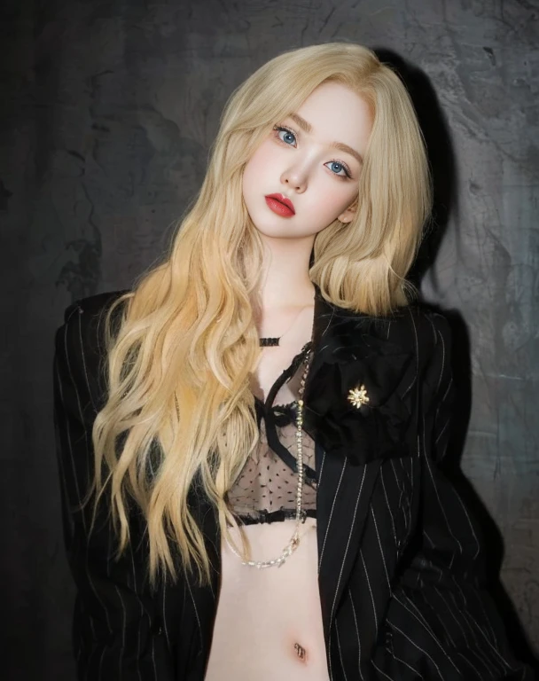 a closeup of a woman wearing black suit lace top with light blue eyes, Ava Max, pale skin curly blonde hair, portrait of kim petras, pale and light skin!!, with long blonde hair, leaked image, jinyoung shin, extremely pale blonde hair, pale gothic beauty, long blonde hair and big eyes, with very long blonde hair, she looks like a mix of grimes