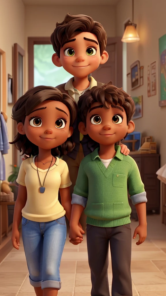 An illustration of an adorable couple, Highlight a chubby mulatto without glasses smiling and a brunette woman with beautiful expressive light green eyes - the man's skin is mulatto and his hair is gray while the woman's skin is black and the woman's hair is straight and brown, next to them is a boy who is the couple's 10-year-old son, dark brown skin, brown eyes and short dark brown hair. They are a bright room, each with a smile on their face, and sharing a special moment characterized by love, Perceptions. Illustrate this scene from a perspective where they are facing the camera, smiling and showing their connection. Develop this art in Full HD, Focus on your cinematic touch, Disney Pixar Animations Style