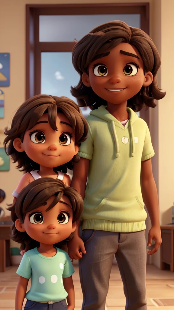 An illustration of an adorable couple, Highlight a chubby mulatto without glasses smiling and a brunette woman with beautiful expressive light green eyes - the man's skin is mulatto and his hair is gray while the woman's skin is black and the woman's hair is straight and brown, next to them is a boy who is the couple's 10-year-old son, dark brown skin, brown eyes and short dark brown hair. They are a bright room, each with a smile on their face, and sharing a special moment characterized by love, Perceptions. Illustrate this scene from a perspective where they are facing the camera, smiling and showing their connection. Develop this art in Full HD, Focus on your cinematic touch, Disney Pixar Animations Style