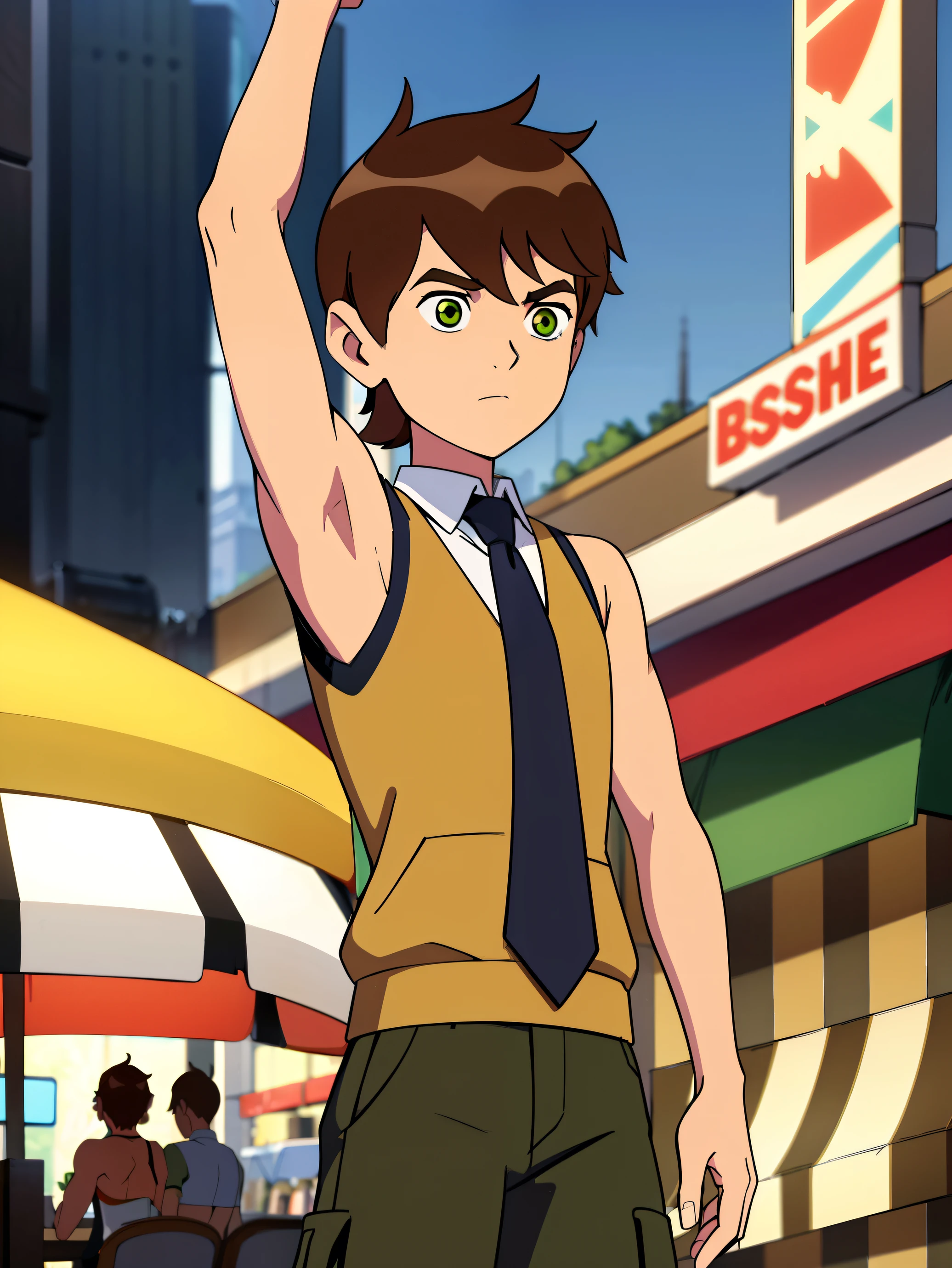 Highres, Masterpiece, Best quality at best,Best Quality,hight quality, hight detailed, boy, 1boy, bentennyson, Green eye, Brown hair, short body, uppe body, Sleeveless vest, Tie, bare shoulder, (Armpit), cafe, Blurry beckground, Uhd, bokeh