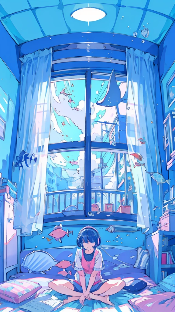 (1 girl)Detailed details, Inside the room, large window, girl sitting on the floor looking at you, headphones, tropical fish floating, night, stars outside the window, room light shining
